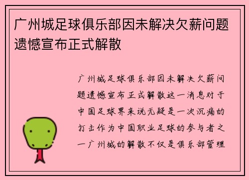 广州城足球俱乐部因未解决欠薪问题遗憾宣布正式解散