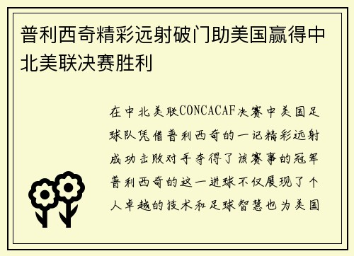 普利西奇精彩远射破门助美国赢得中北美联决赛胜利